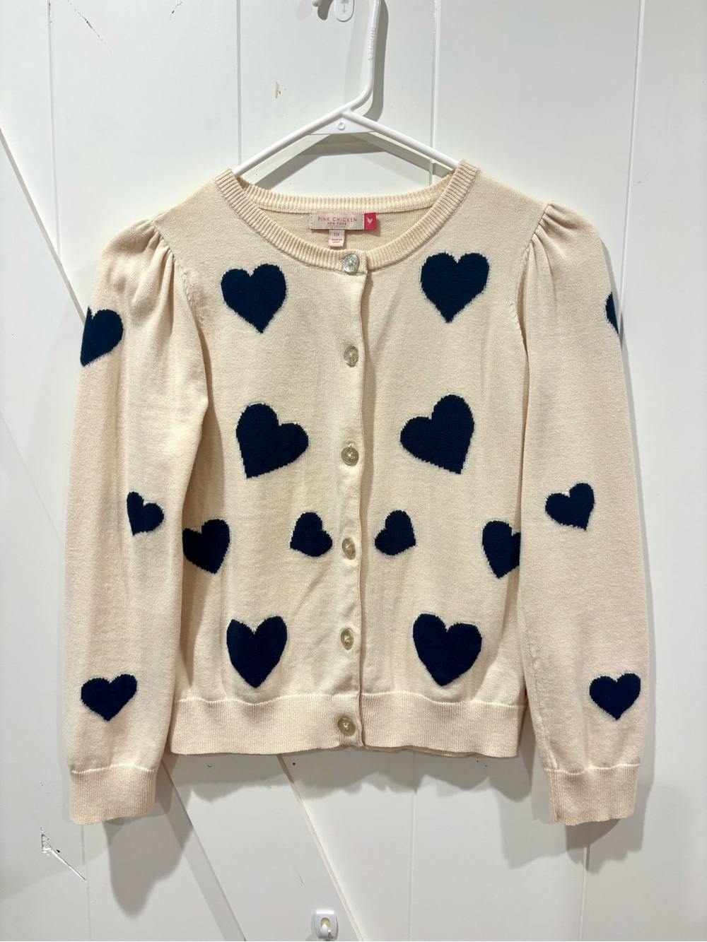 Pink Chicken Cream Cardigan with Navy Heart Motifs